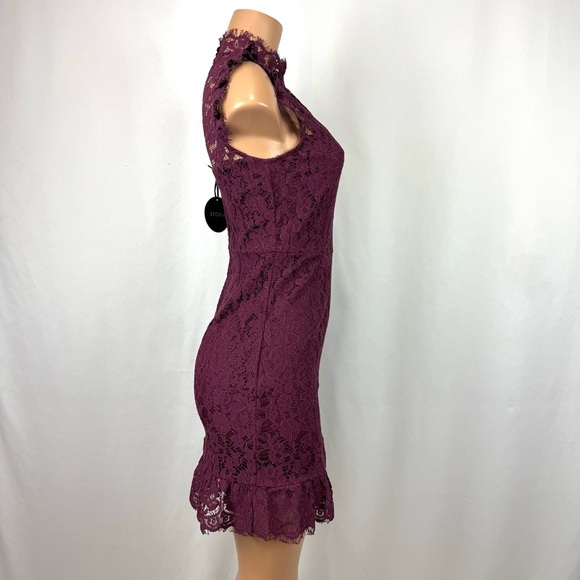 Storia High Neck Lace Ruffled Mini Dress Sleeveless Burgundy Red Sz M Boho Chic - Picture 6 of 16